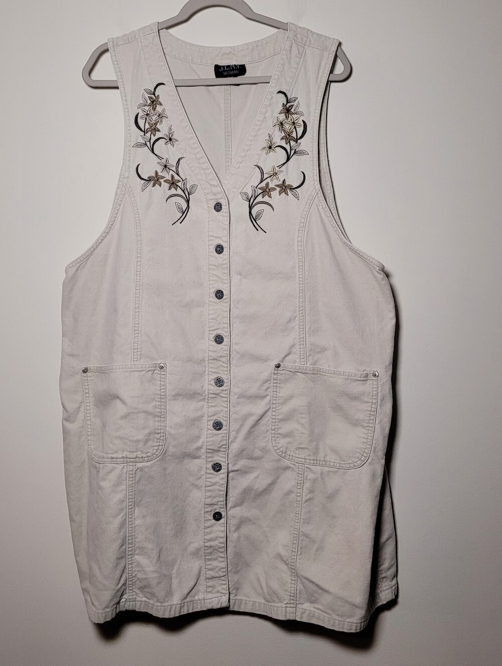 J. L. N. Y Women White Embroidered Button-Front Sleeveless Dress 2X Corduroy